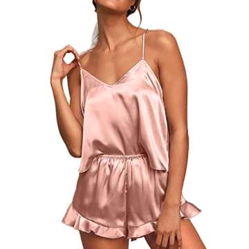 CHYRII Women's Sexy V Neck Sleepwear Satin Pajamas Sets Cami Shorts Nighwear 2 Pieces PJS Pink L