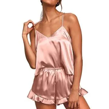 CHYRII Women's Sexy V Neck Sleepwear Satin Pajamas Sets Cami Shorts Nighwear 2 Pieces PJS Pink L