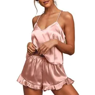 CHYRII Women's Sexy V Neck Sleepwear Satin Pajamas Sets Cami Shorts Nighwear 2 Pieces PJS Pink L
