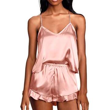 CHYRII Women's Sexy V Neck Sleepwear Satin Pajamas Sets Cami Shorts Nighwear 2 Pieces PJS Pink L