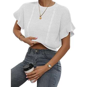 Verdusa Women's Ruffled Short Sleeve Round Neck Knitted Top Pullovers Sweater White XS