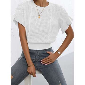 Verdusa Women's Ruffled Short Sleeve Round Neck Knitted Top Pullovers Sweater White XS