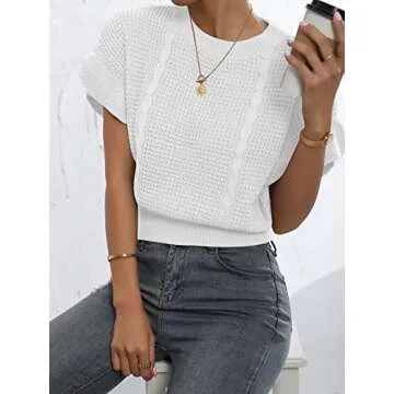 Verdusa Women's Ruffled Short Sleeve Round Neck Knitted Top Pullovers Sweater White XS