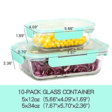 C CREST 10 Pack Glass Meal Prep Containers - Airtight & Durable