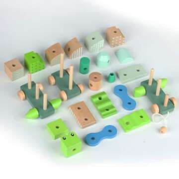 Toddler Montessori Toy, Wooden Block Train Set Stackable Building Blocks Toy Shape Sorter Toy Green Alligator Pull Toy for Baby Boy Ages 2 4 3 Years Birthday Gift Early Learning Educational Toy