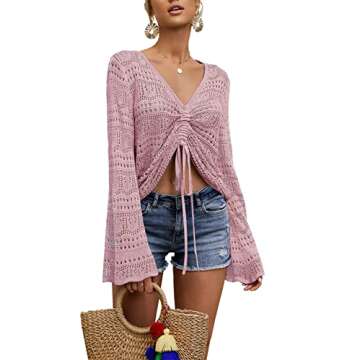 Saodimallsu Womens Oversized V Neck Shirts Flowy Crochet Bell Sleeve Boho Tops Sexy Tie Front Ruched...