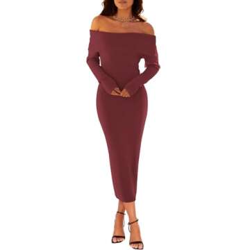 MEROKEETY Women's Winter Off Shoulder Bodycon Sweater Dress Formal Long Sleeve Elegant Cocktail Party Midi Maxi Dresses, Burgundy, Medium