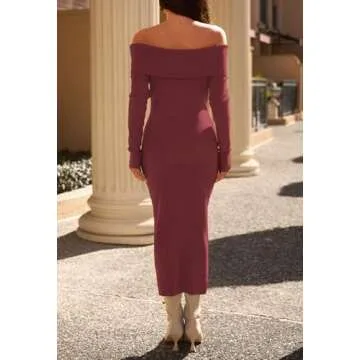 MEROKEETY Women's Winter Off Shoulder Bodycon Sweater Dress Formal Long Sleeve Elegant Cocktail Party Midi Maxi Dresses, Burgundy, Medium