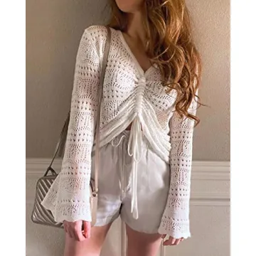 FERBIA Crochet Top Beachwear Adjusting Drawstring Shirt