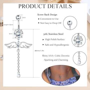 JOERICA 6 Pcs 14G Belly Button Rings Dangle for Women Stainless Steel CZ Navel Rings Set Cute Butter...