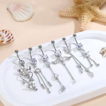 Stylish JOERICA 6 Pcs 14G Dangle Belly Button Rings Set
