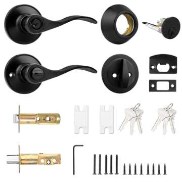 Probrico Front Door Entry Lever Lockset, Single Cylinder Deadbolt Combination Set, Flat Black Finish...