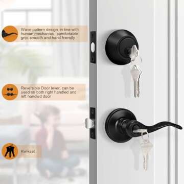 Probrico Front Door Entry Lever Lockset, Single Cylinder Deadbolt Combination Set, Flat Black Finish Keyed Alike Combo, Reversible for Right and Left Side 3Pack