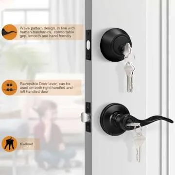 Probrico Front Door Entry Lever Lockset, Single Cylinder Deadbolt Combination Set, Flat Black Finish Keyed Alike Combo, Reversible for Right and Left Side 3Pack