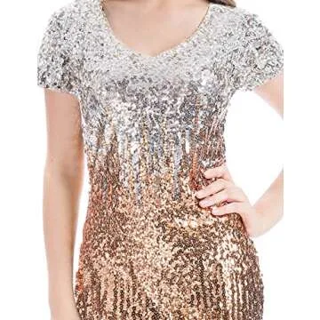 MANER Women's Sequin Glitter Short Sleeve Dress Sexy V Neck Mini Party Club Bodycon Gowns(S, Silver/Rose Gold/Brown)