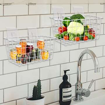 Panghuhu88 4PCS Wire Wall baskets, Adhesive Sturdy Wire Storage Baskets,Hanging Metal Containers for Kitchen Bathroom Freezer Pantry Closet Laundry Room Shelf