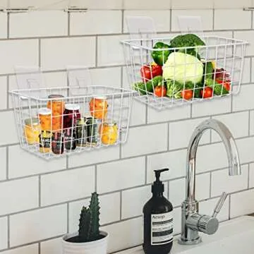 Panghuhu88 4PCS Wire Wall baskets, Adhesive Sturdy Wire Storage Baskets,Hanging Metal Containers for Kitchen Bathroom Freezer Pantry Closet Laundry Room Shelf