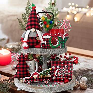 Christmas Decor, 5pcs Christmas Gnome Tiered Tray Bundle, 3 Merry Christmas Wood Signs,1 Buffalo Plaid Gnomes Plush, Farmhouse Rustic Decor Christmas New Year Holiday Decor