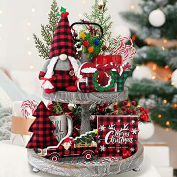 Christmas Decor, 5pcs Christmas Gnome Tiered Tray Bundle, 3 Merry Christmas Wood Signs,1 Buffalo Plaid Gnomes Plush, Farmhouse Rustic Decor Christmas New Year Holiday Decor