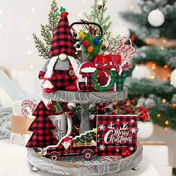 Christmas Decor, 5pcs Christmas Gnome Tiered Tray Bundle, 3 Merry Christmas Wood Signs,1 Buffalo Plaid Gnomes Plush, Farmhouse Rustic Decor Christmas New Year Holiday Decor