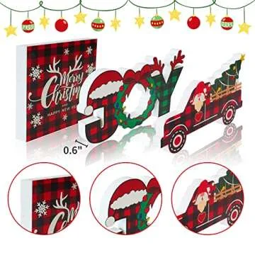 Christmas Decor, 5pcs Christmas Gnome Tiered Tray Bundle, 3 Merry Christmas Wood Signs,1 Buffalo Plaid Gnomes Plush, Farmhouse Rustic Decor Christmas New Year Holiday Decor