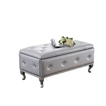 Kings Brand Furniture Silver Vinyl Tufted Design Upholstered Storage Bench Ottoman