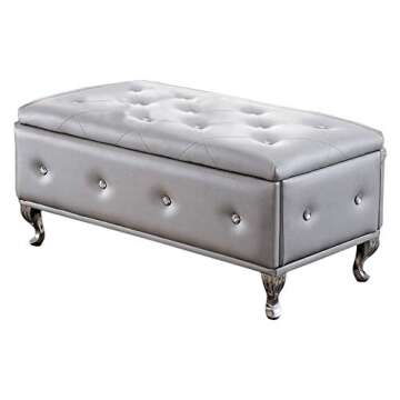 Kings Brand Furniture Silver Vinyl Tufted Design Upholstered Storage Bench Ottoman