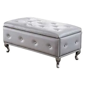 Kings Brand Furniture Silver Vinyl Tufted Design Upholstered Storage Bench Ottoman