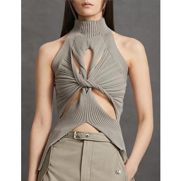 SAFRISIOR Women Sexy Hollow Out Twist Front Knitted Tank Tops Sleeveless High Neck Cut Out Sweater Vest Khaki