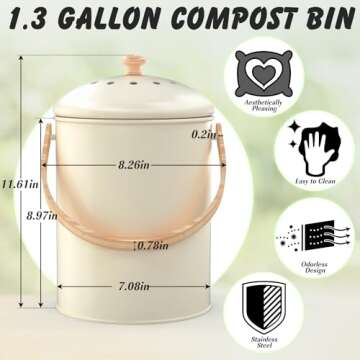 Kimicr 1.3 Gallon Compost Bin Kitchen Counter, Stainless Steel Odorless Indoor Compost Bin Includes 4 Pack Carbon Filters, Countertop Compost Bin with lid, Kitchen Compost Bucket with Bamboo Handles