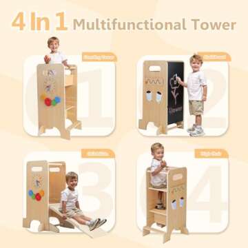 FlyingBoom Toddler Tower 4-in-1 Multifunctional Kitchen Stool Helper with Removable Safety Board, Adjustable Heights, Slide, Highchair, Chalkboard, Montessori Games
