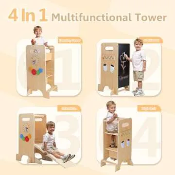 FlyingBoom Toddler Tower 4-in-1 Multifunctional Kitchen Stool Helper with Removable Safety Board, Adjustable Heights, Slide, Highchair, Chalkboard, Montessori Games