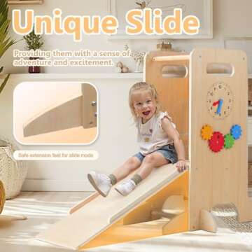 FlyingBoom Toddler Tower 4-in-1 Multifunctional Kitchen Stool Helper with Removable Safety Board, Adjustable Heights, Slide, Highchair, Chalkboard, Montessori Games