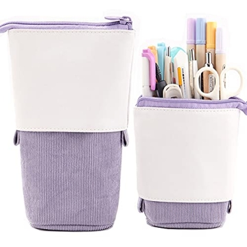 Friinder Telescopic Pencil Bag Pen Holder Stationery Case, PU Corduroy Stand-up Retractable Transfor...