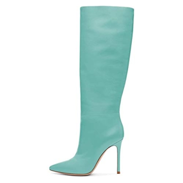 FSJ Women's Knee High Boots Pointed Toe High Heels Turquoise
