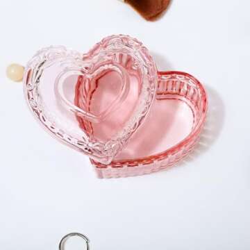 MTJYQYF Vintage Glass Jewelry Box - Heart Shaped Display Box for Storage Ring Earring Trinket Jewelry, Pink Cute Room Decor for Girl U2-GRB003-Pink