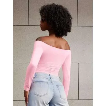YEOREO Sophie Women Off Shoulder Long Sleeve Shirts Double Lined Basic Undershirt Y2K Going Out Tops Cherry Pink-S