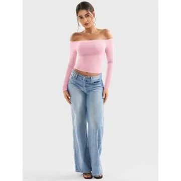 YEOREO Sophie Women Off Shoulder Long Sleeve Shirts Double Lined Basic Undershirt Y2K Going Out Tops Cherry Pink-S