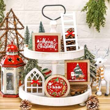 Bencailor 48 Pcs Interchangeable Seasonal Decor Tiered Tray Decor Set for Holiday Farmhouse Wood Sign with Wooden Frames Arch Ladders Cards Bow Knot for Home, Tray Not Included