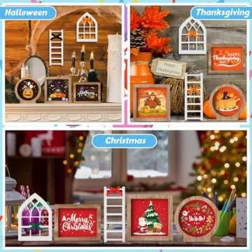Bencailor 48 Pcs Interchangeable Seasonal Decor Tiered Tray Decor Set for Holiday Farmhouse Wood Sign with Wooden Frames Arch Ladders Cards Bow Knot for Home, Tray Not Included