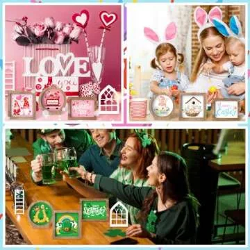 Bencailor 48 Pcs Interchangeable Seasonal Decor Tiered Tray Decor Set for Holiday Farmhouse Wood Sign with Wooden Frames Arch Ladders Cards Bow Knot for Home, Tray Not Included