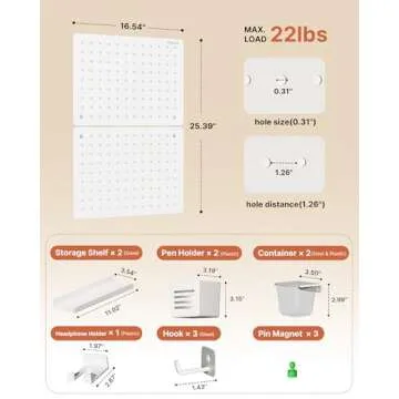 PEGZONE Pegboard Wall Organizer Combination Kit, Overall 25.4"x16.6" Metal Office Pegboard with 13 Accessories, Wall Mounted Peg Board Display Panels for Home, Gaming Room, Garage (2Pcs,White)