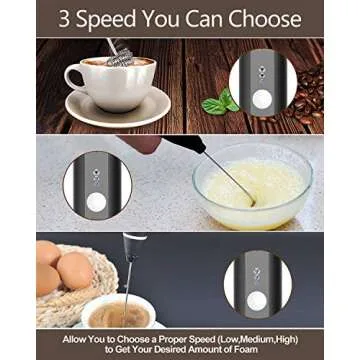 Milk Frother, Rechargeable Milk Frother Electric 3 Speeds Foam Milk Frother Handheld with Stainless Steel Whisk for Bulletproof Coffee, Cappuccino, Chocolate, Milk Tea, Matcha