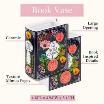 Steel Mill & Co Original Book-Shaped Decorative Vase, Ceramic Vases for Home Decor, Cute Bookshelf Decor, Unique Vase for Book Lovers (Small - Secret Garden)