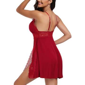 BemorRun Sexy Night Gowns for Woman Sexy Sleepwear Lace Chemise V-Neck Babydoll Lingerie Slip Nightie with Side Slits, Wine Red,X-Large