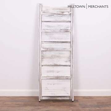 Milltown Merchants Ladder Shelf - Wooden Leaning Bookshelf - Rustic Folding Bookcase (Distressed White)