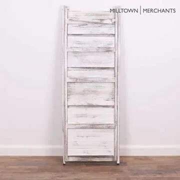 Milltown Merchants Ladder Shelf - Wooden Leaning Bookshelf - Rustic Folding Bookcase (Distressed White)