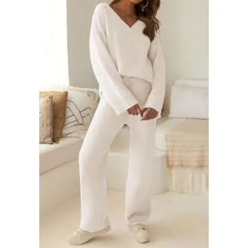 TECREW Women's Fuzzy Fleece Lounge Sets 2 Piece Outfits Long Sleeve Top Wide Leg Pants Pajama Sets, Beige, Small