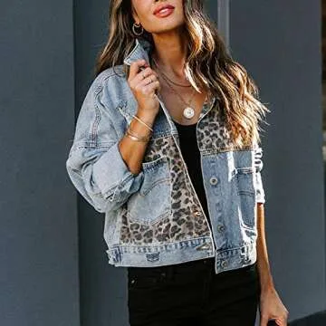 Fleece Jacket Women Denim Jackets for Women Casual Coats Long Sleeve Button Down Tops Leopard Patchw...