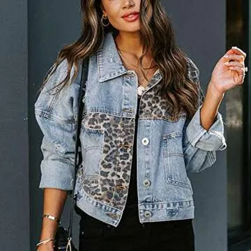 Fleece Jacket Women Denim Jackets for Women Casual Coats Long Sleeve Button Down Tops Leopard Patchwork Outerwear Casual Cropped Jean Jacket
